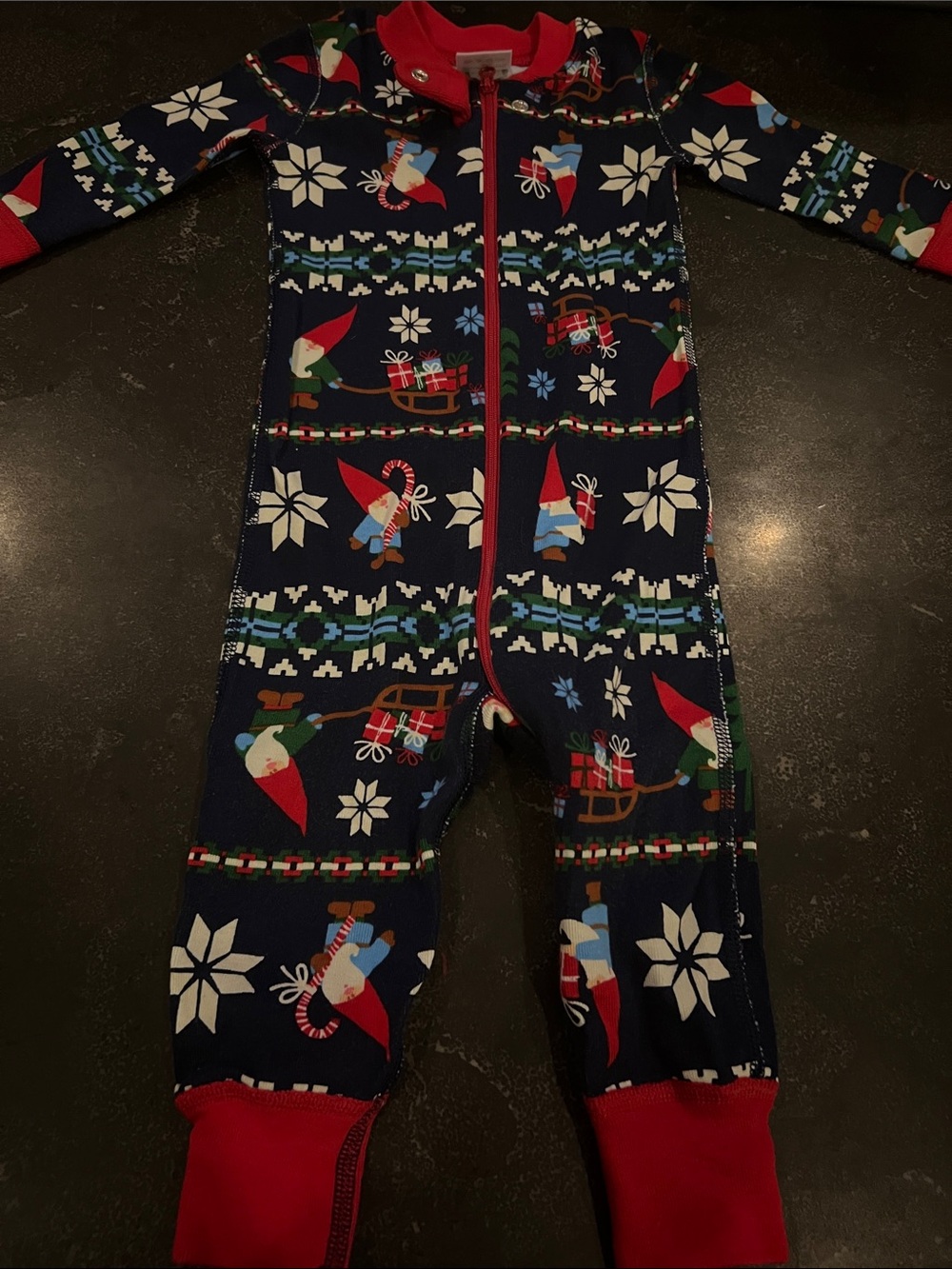 Hanna Andersson Navy Holiday Gnome One-Piece with Red Trim